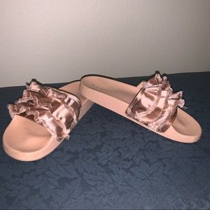 satin pink ruffle slides